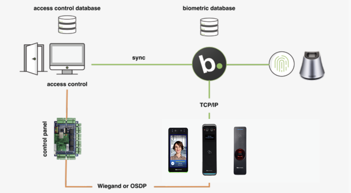 Diagram showing how BioConnect’s biometric identity management layer connects an existing access control system with biometric readers and synchronizes access control and biometric data.
